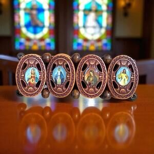 Vintage Rose Wood Stretch Bracelet 8 Panels Angels Saints Religious Jesus